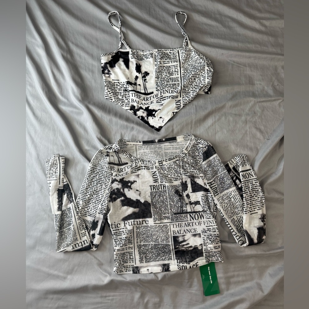 Black and White Newspaper Print Long Sleeve Top and Tank SHEIN Set